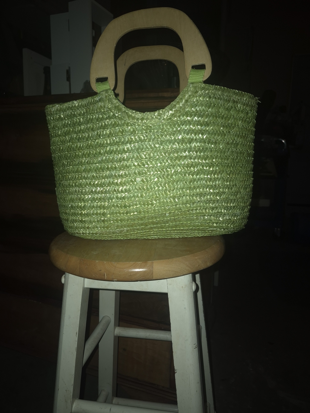 White Stag Green Woven Straw Tote Bag with Wood Handles